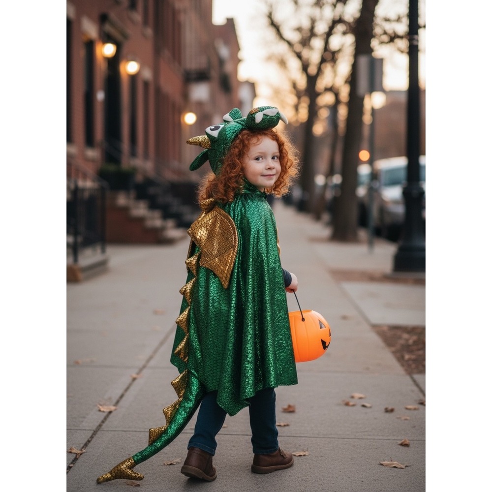 Kids Metallic Green Dragon Cloak Costume 3-6yrs Halloween Mystical Magical Shiny